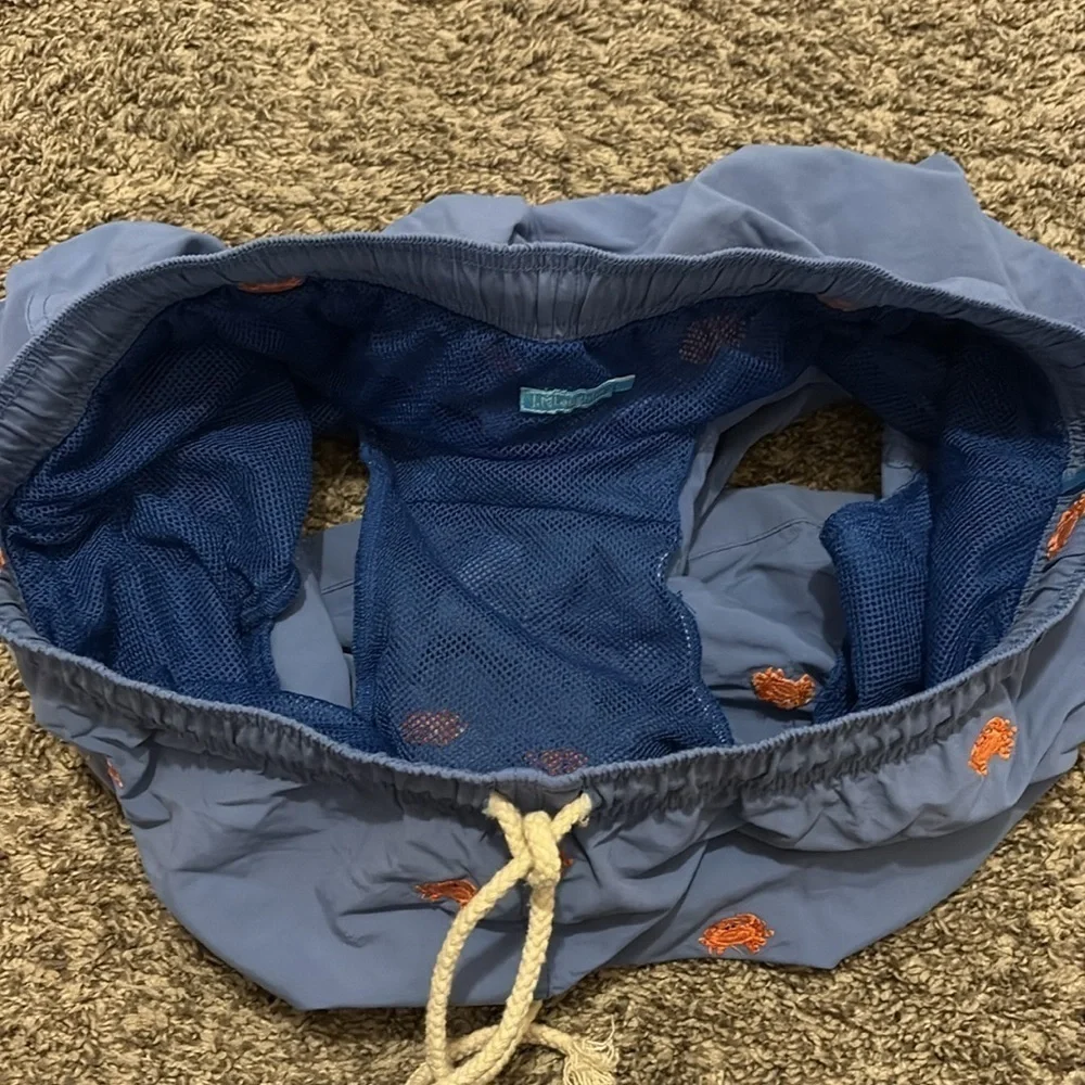 J. McLaughlin Men's Blue Swim Shorts with Orange Accents - large